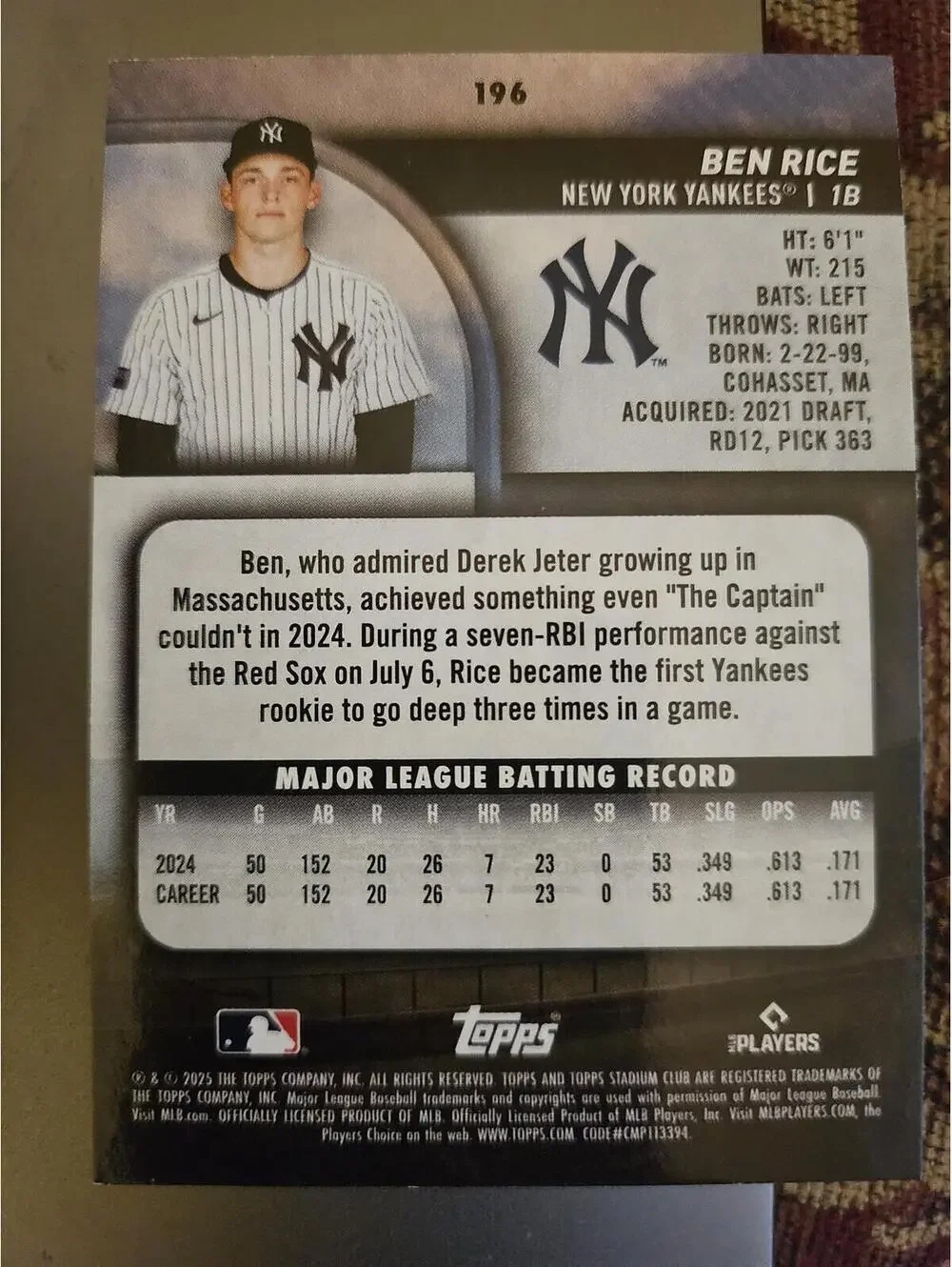 2025 Topps Stadium Club - Ben Rice #196 (RC) Rookie Card Yankees